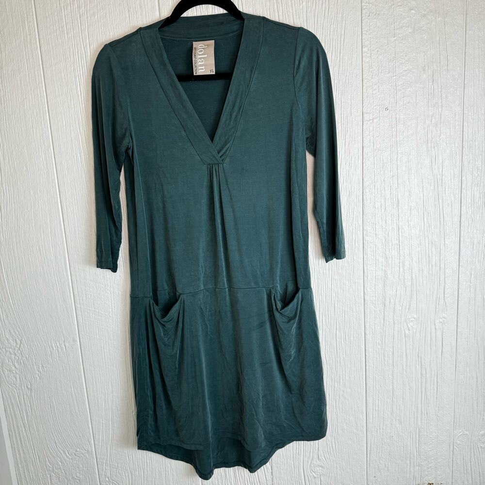 Dolan Left Coast Anthropologie Cupro High Low V-Neck 3/4 Sleeve Green Dress XS - Picture 9 of 11